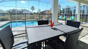 A covered patio with a pool, outdoor furniture, and a view of the neighborhood.