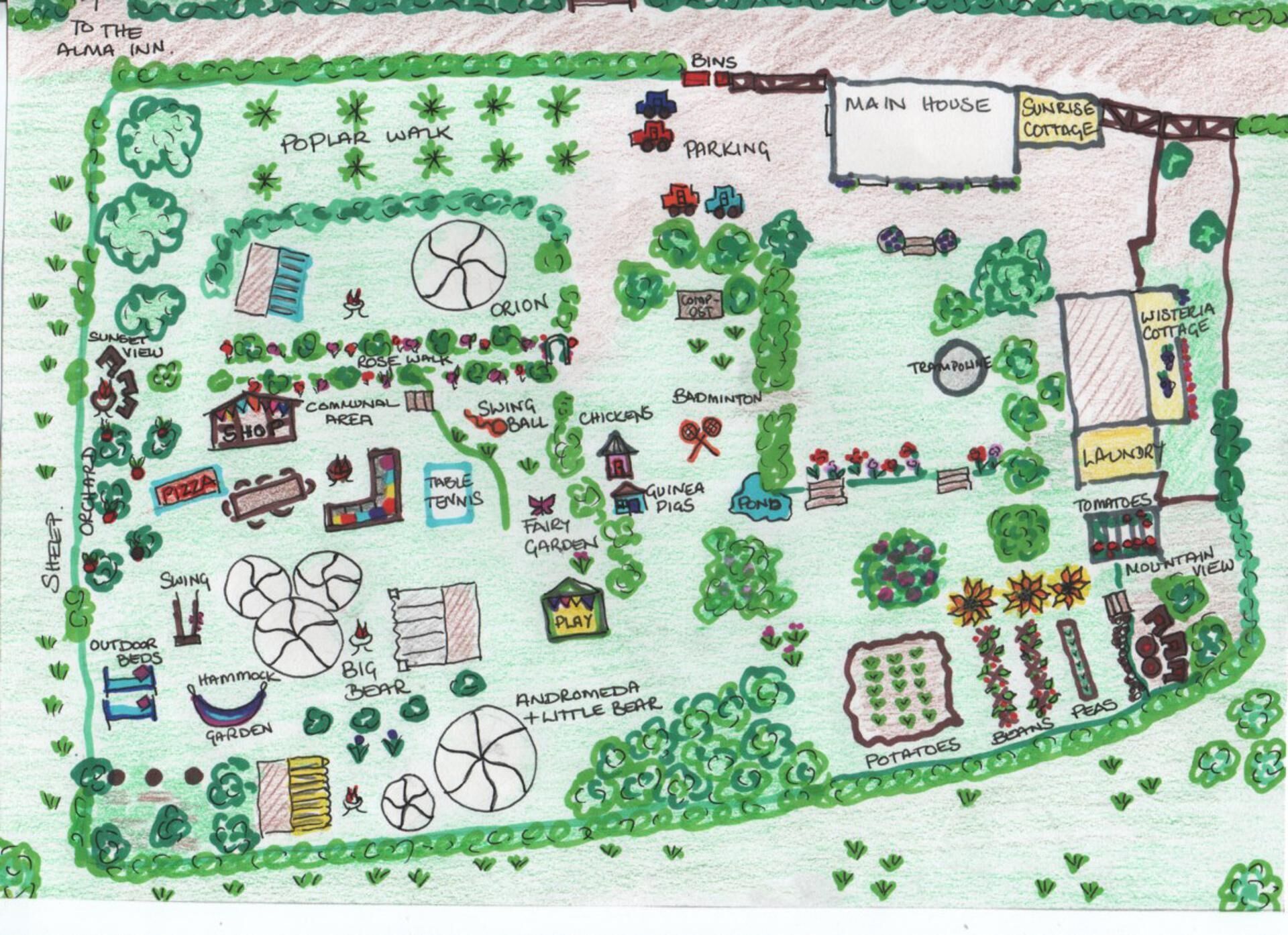 A hand-drawn map of a campsite with amenities like a picnic area, swimming area, and various play areas.