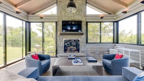 House, Multiple Beds (Amagansett Beachfront Beauty) | Living area | TV, fireplace, stereo - Amagansett Beachfront Beauty (Amagansett)
