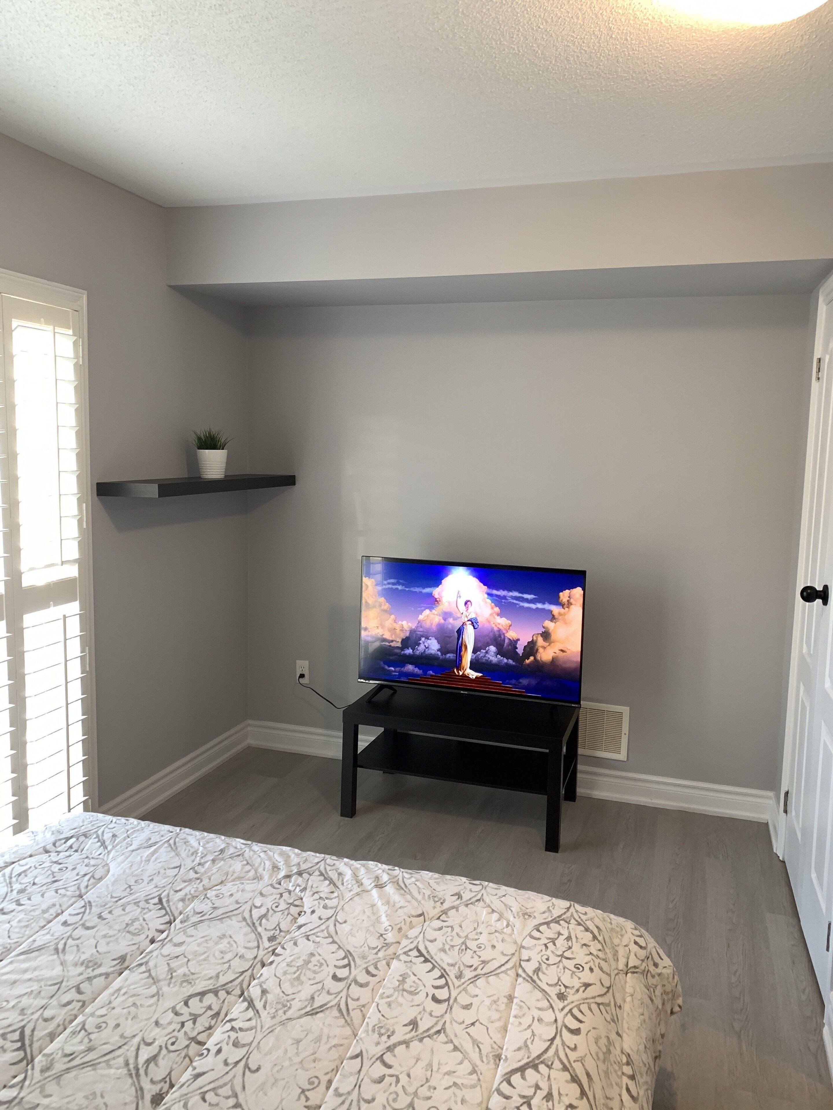 Een slaapkamer met een bed, een televisie op een standaard, een klein plantje op een plank en een deur.