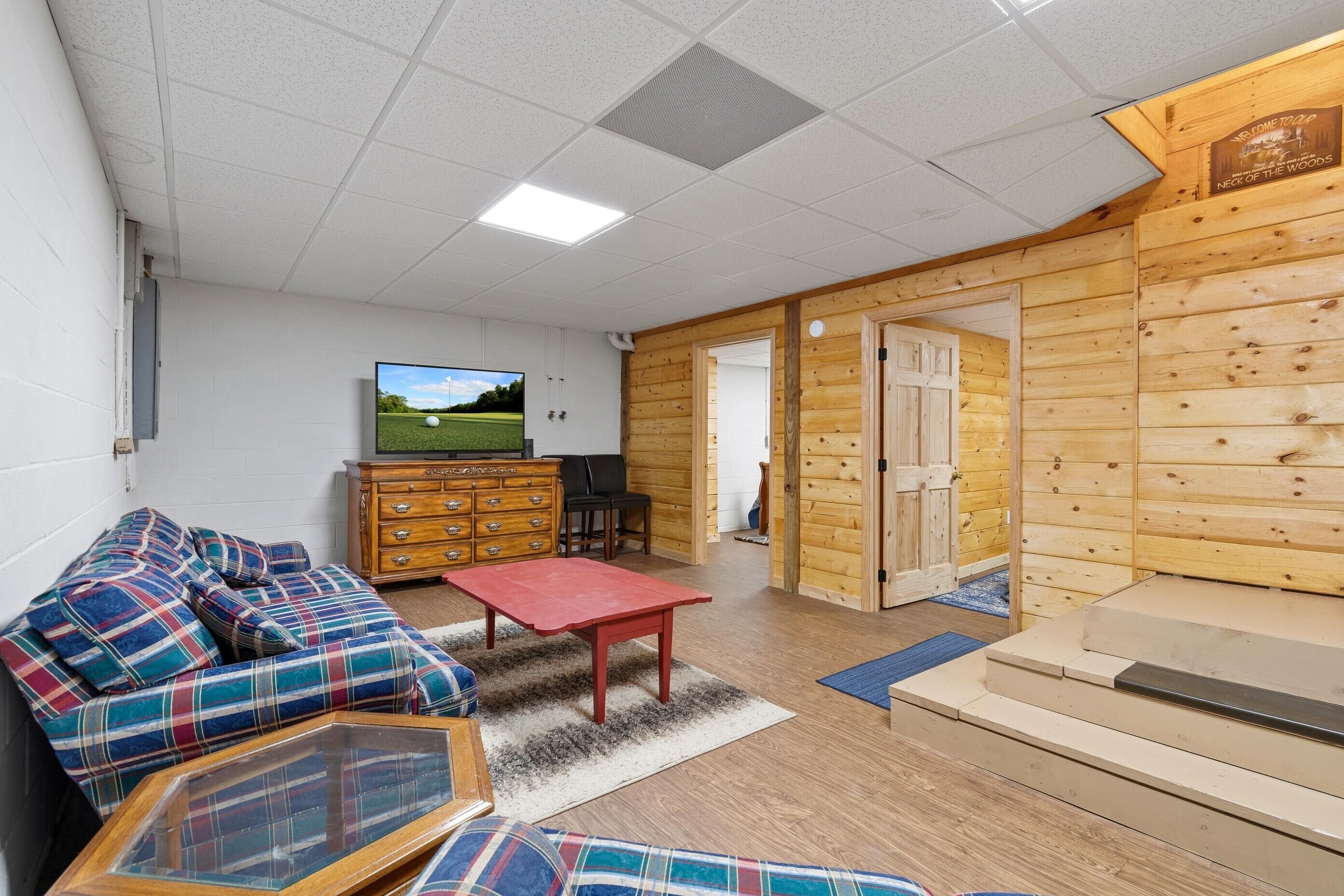 A cozy room with a plaid sofa, a wooden dresser, a television, and a wooden wall.