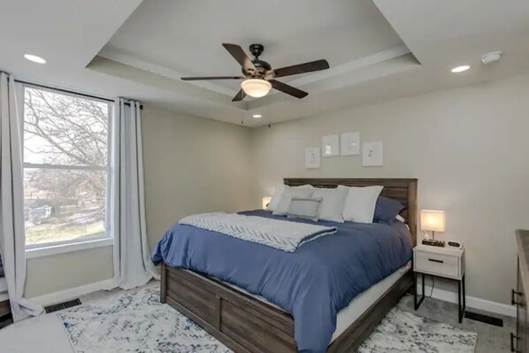 4 bedrooms, desk, blackout curtains, iron/ironing board