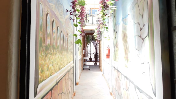 A corridor with murals on the walls, a staircase, and hanging plants. - Vista Del Sol Apartments (San Miguel de Allende)