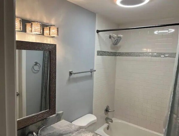 Combined shower/tub, hair dryer, bidet, towels