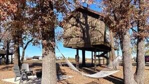 Una cabaña de madera rodeada de árboles, con una hamaca y una zona de estar cerca.
