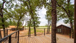 Una terraza de madera con barandas de metal, rodeada de árboles y un área cercada con un edificio al fondo.