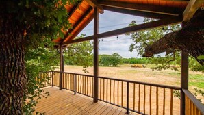 Un terrazza in legno con ringhiera metallica, affacciata su una zona erbosa con alberi e una vista in lontananza di un cantiere edile.