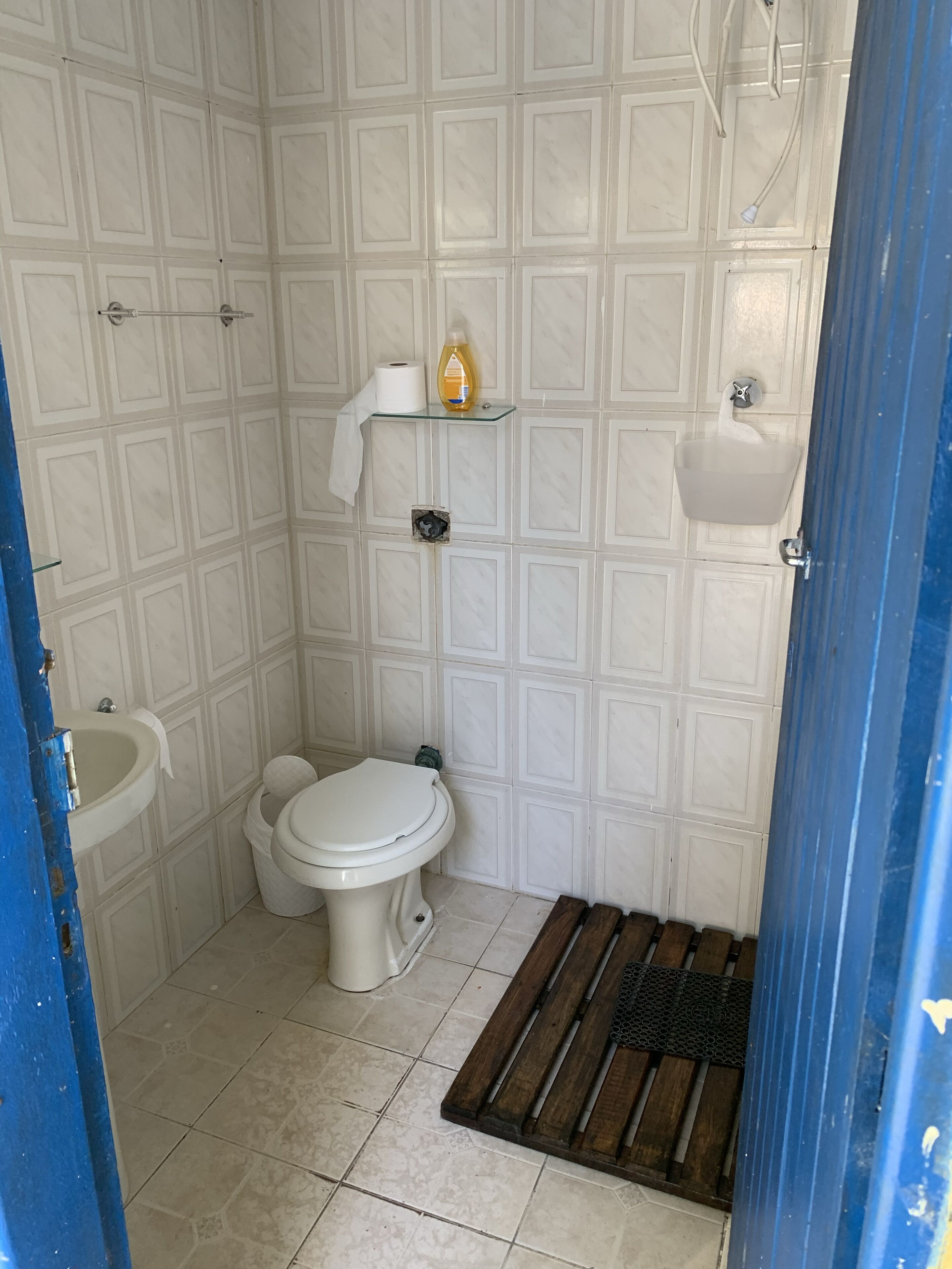 A small bathroom with a toilet, sink, and shower.