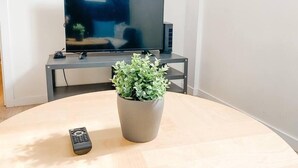 Un salon avec un téléviseur à écran plat posé sur un meuble, une plante en pot sur une table ronde et une télécommande sur le sol.
