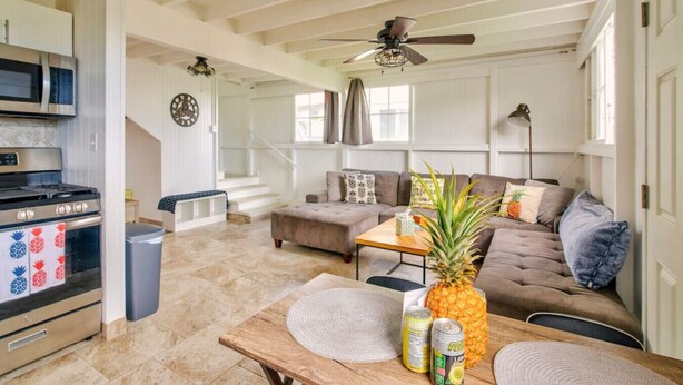 A spacious living area with a kitchen, a sofa set, and a dining table. - Pineapple Loft - Downtown Hilo wAC (Hilo)