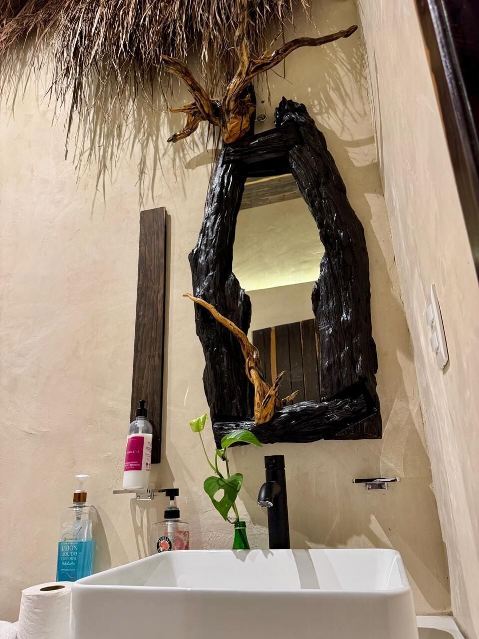 A bathroom with a white sink, a mirror with a natural wood frame, a bottle of soap, and a plant.