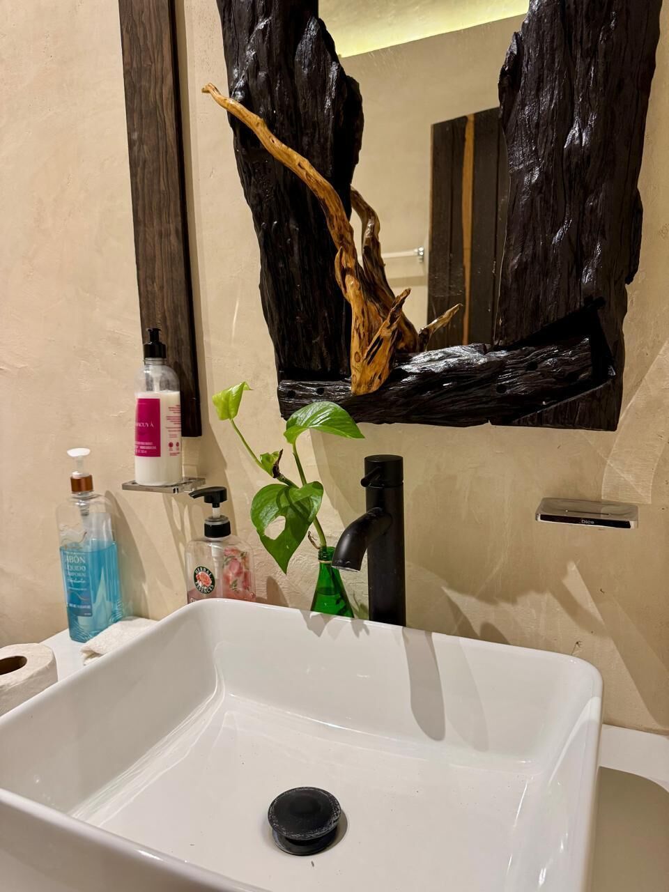 Un baño con un lavamanos blanco, un espejo y una planta.