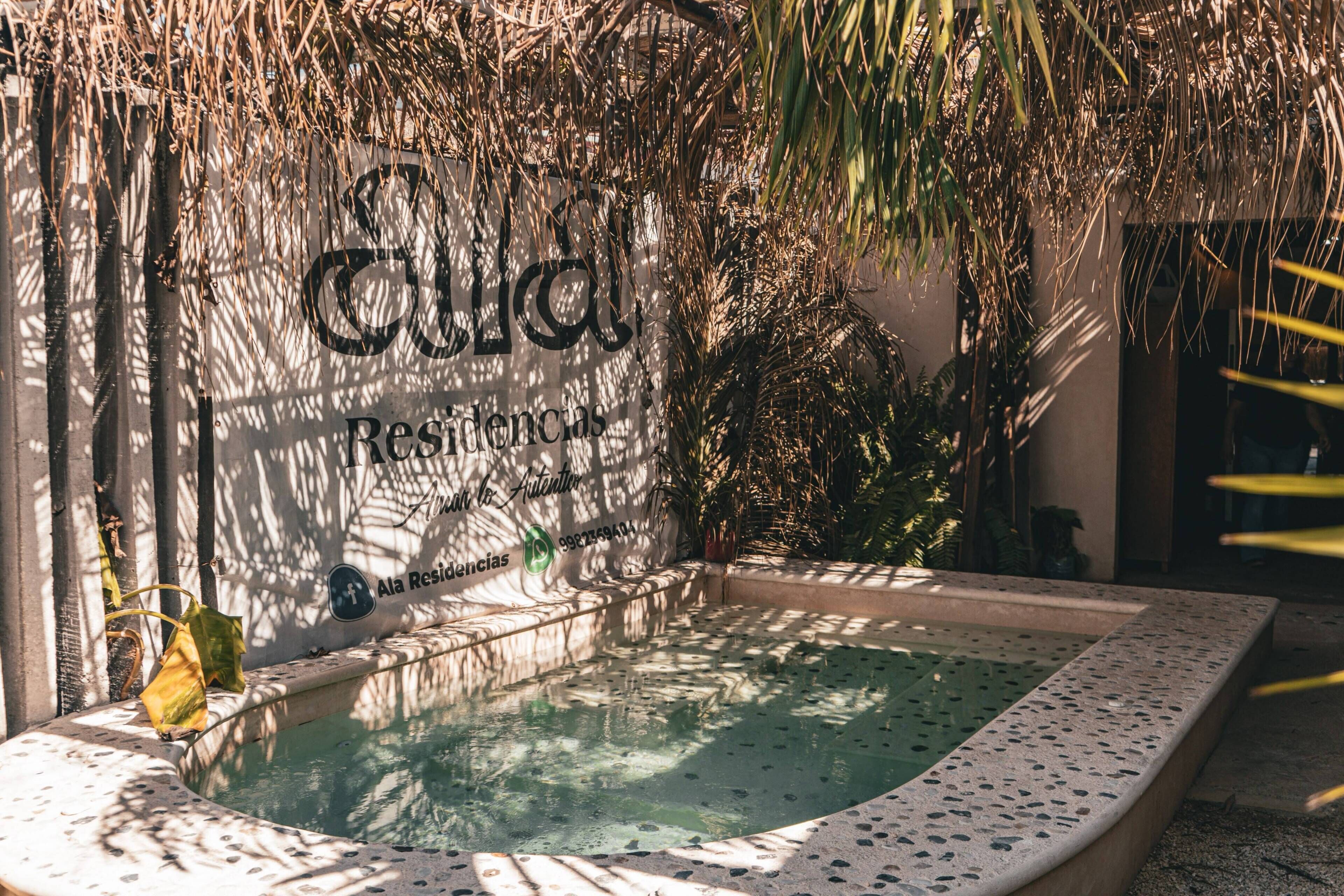 A spa area with a pool, a wall with a logo, and some greenery.