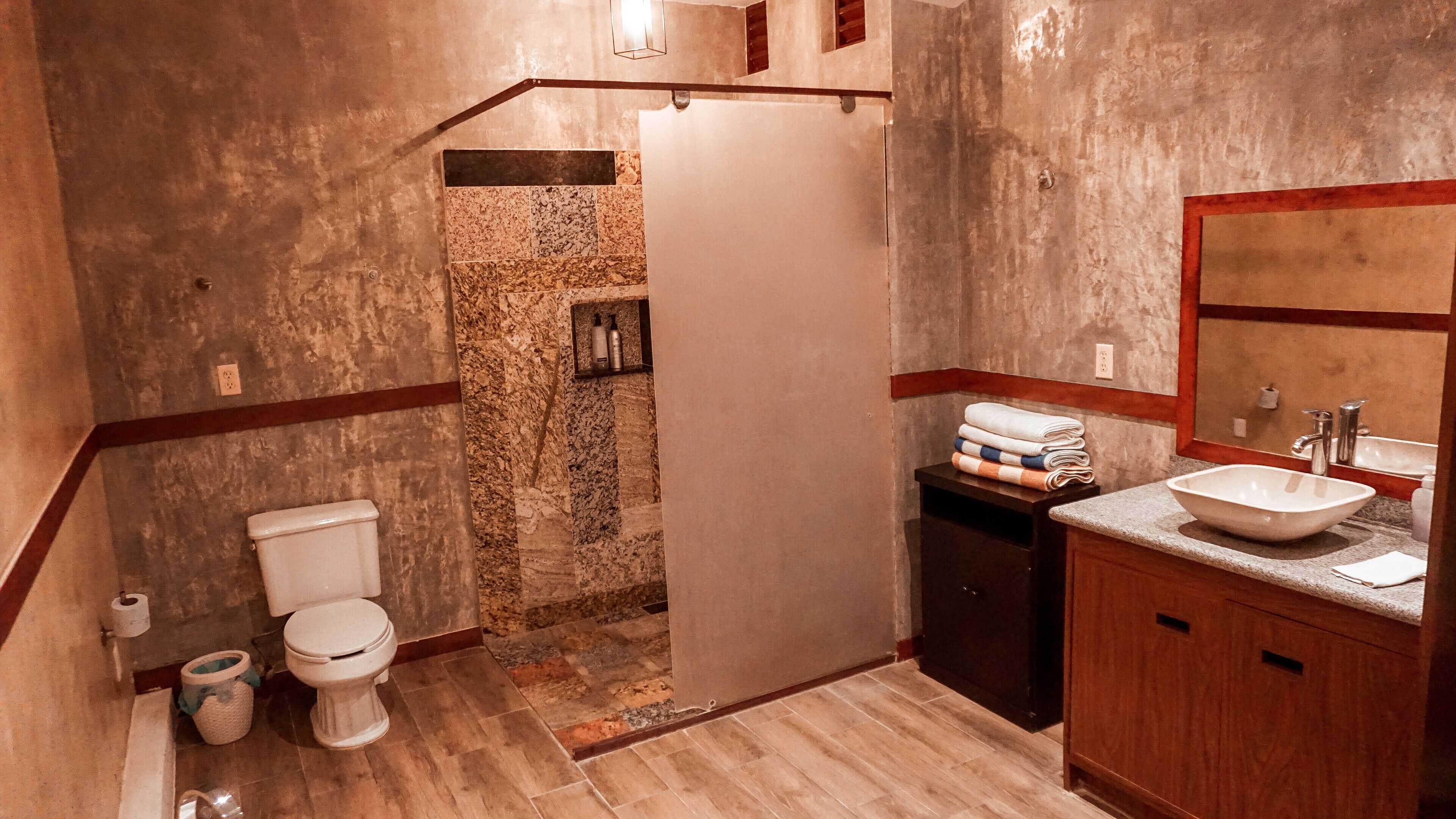 A bathroom with a toilet, sink, and shower area.