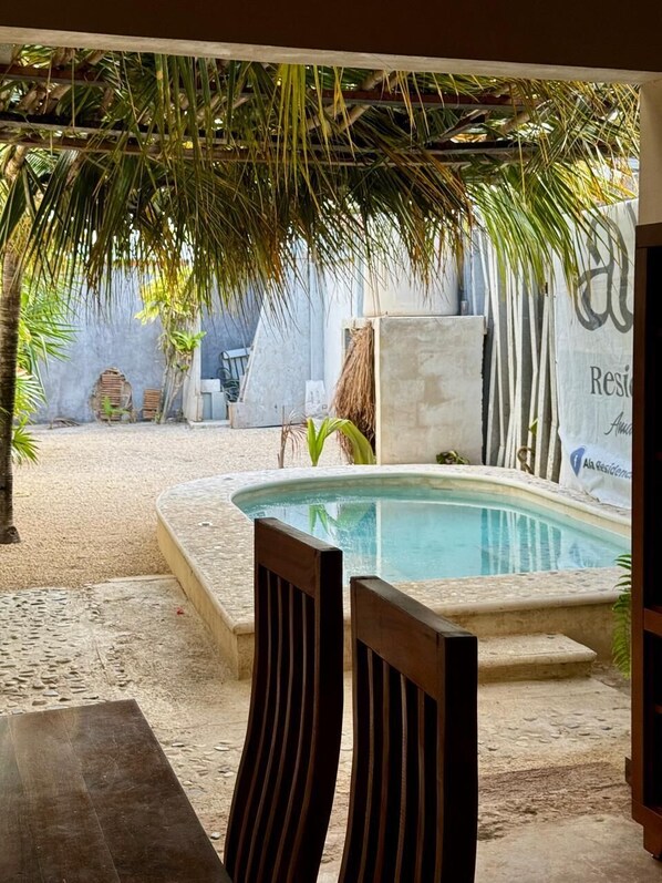 Zona de piscina con borde de hormigón, dos sillas de madera y una palmera sobre ella.