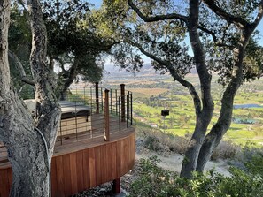 A wooden deck with a view of a valley.