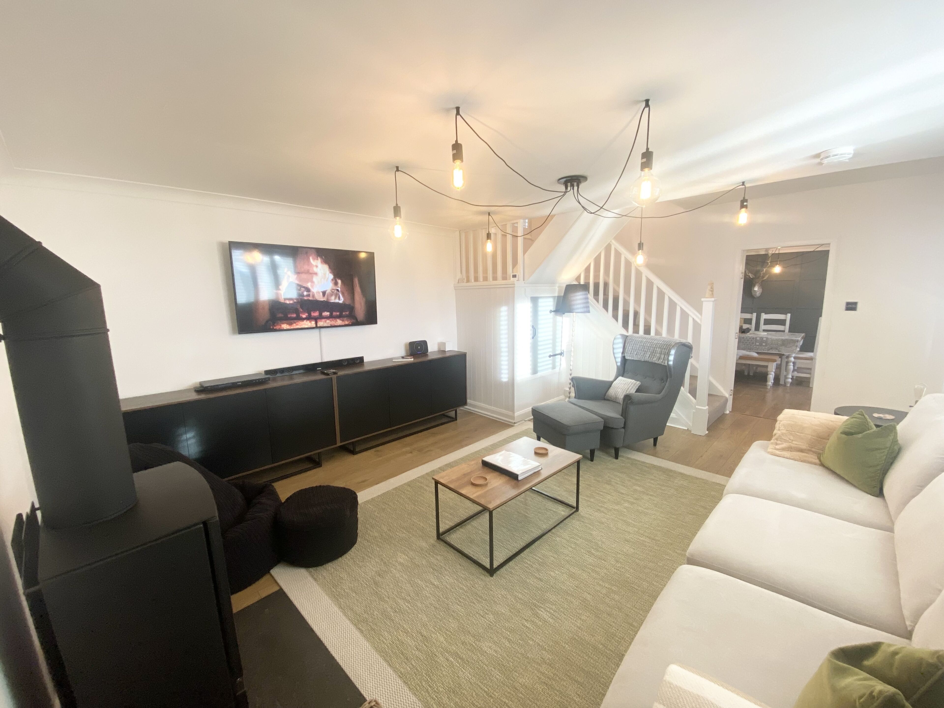 Smart TV, chimenea, reproductor de DVD y libros 