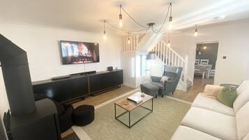 Smart TV, chimenea, reproductor de DVD y libros