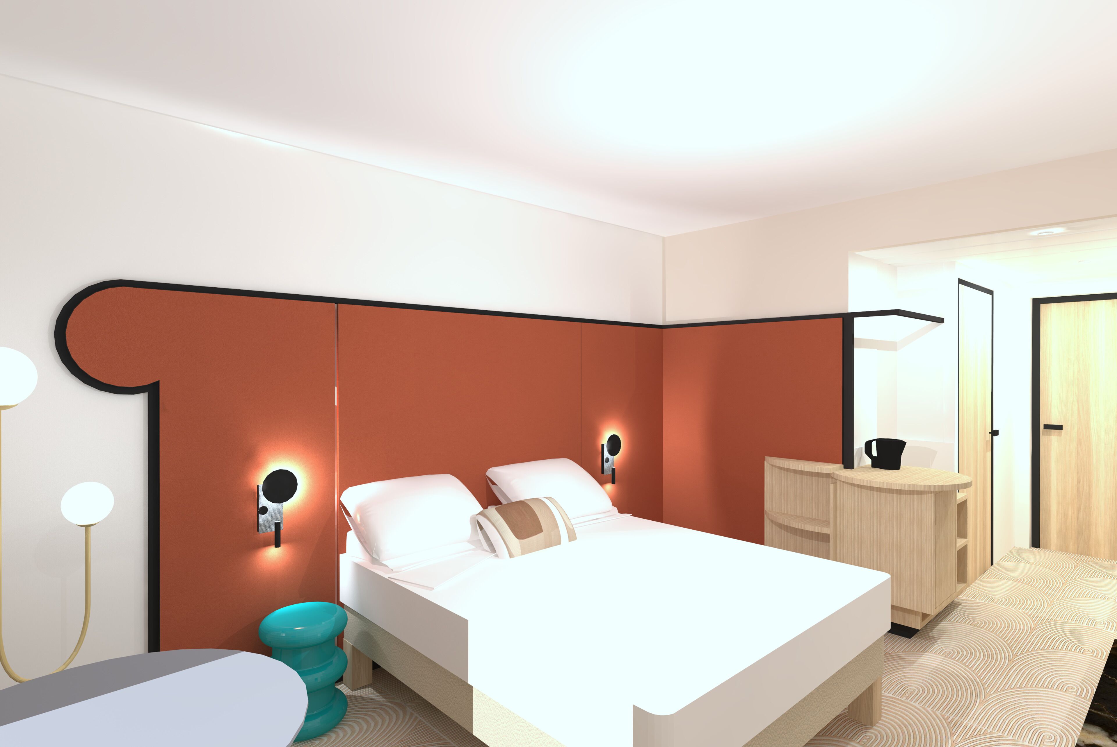 A modern hotel room with a large bed, bedside tables, a small desk, and a mirror.