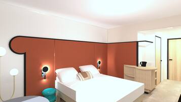 Una habitación de hotel moderna con una cama grande, mesitas de noche, un escritorio pequeño y un espejo.