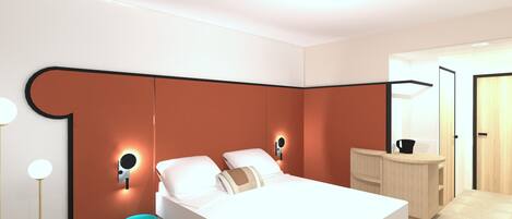 A modern hotel room with a large bed, bedside tables, a small desk, and a mirror.
