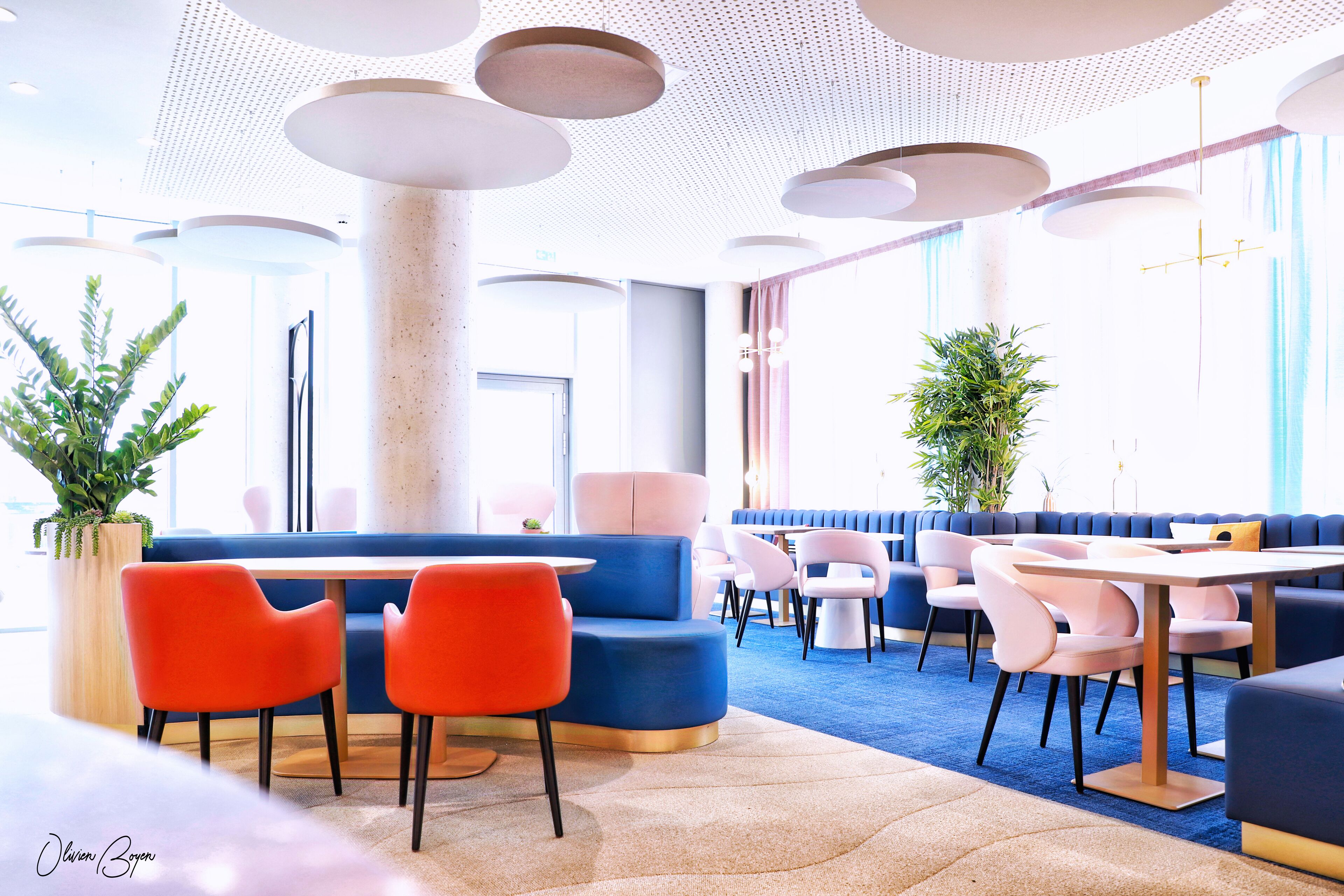 Un restaurant moderne aux couleurs bleu et rose, avec des tables rondes, des sièges rembourrés et des plantes en pot.