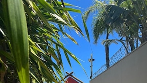 A pathway leading to a beach area with palm trees and a sign indicating a location in Amsterdam. - Casa dAroeira - Condomínio Residencial de Flats (São Sebastião)