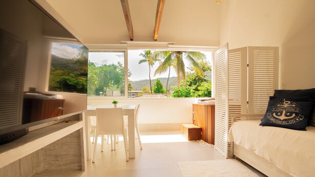 A bedroom with a bed, a desk, and a view of palm trees and mountains. - Casa dAroeira - Condomínio Residencial de Flats (São Sebastião)