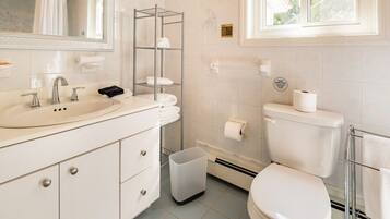 A bathroom with a sink, toilet, and shower area.