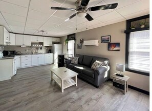 Relax in this open-plan living space with a kitchen area, featuring a sofa, coffee table, and kitchen essentials.
