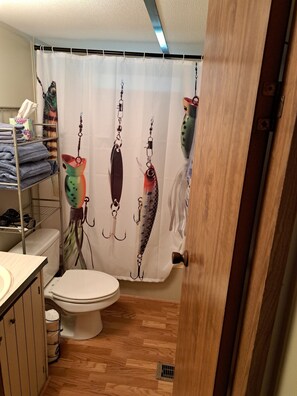 Combined shower/bathtub, hair dryer, towels, soap