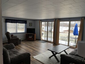 Smart TV, fireplace, books