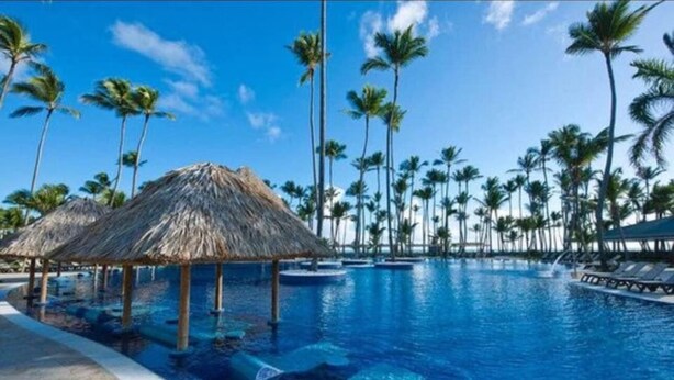 Una piscina con estructuras de techo de paja, rodeada de palmeras.
