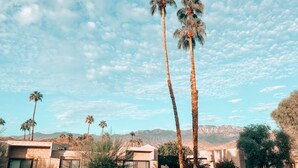 A desert-style building with multiple rooms, palm trees, and a mountainous backdrop. - Stylish, Remodeled Condo - Pool, Tennis, Golf - (Palm Springs)