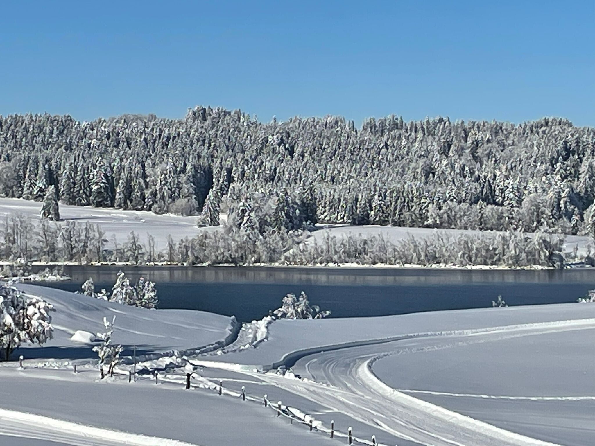 A snow-covered landscape with a frozen lake, trees, and a road curving through the scene.