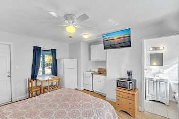 Studio | Private kitchenette | Microwave, oven, cookware/dishes/utensils, freezer at The Caroline