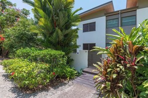 A modern building with a white facade, a wooden deck, and lush tropical vegetation.
