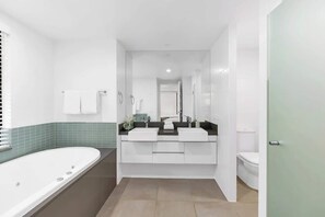 Shower, hair dryer, shampoo