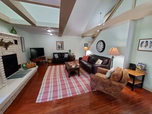 TV, fireplace, DVD player, foosball