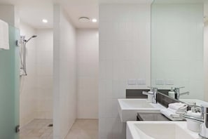 Shower, hair dryer, shampoo