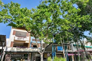 A building with a pharmacy and a chemist on the ground floor, surrounded by trees.