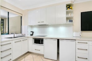 Fridge, microwave, stovetop, coffee/tea maker