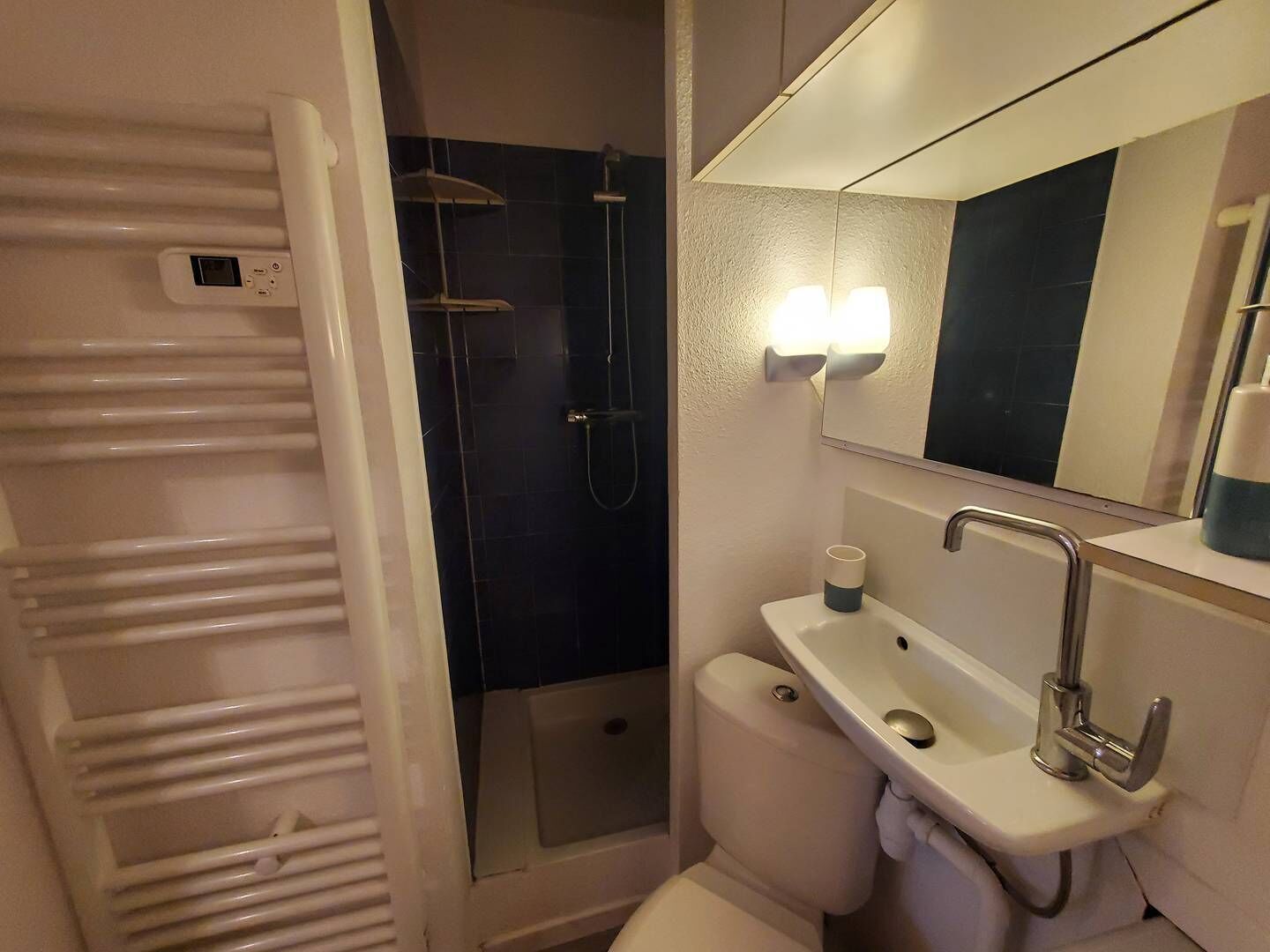 A bathroom with a white sink, a mirror, a toilet, and a shower area.