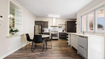 Microwave, stovetop, dishwasher, cookware/dishes/utensils