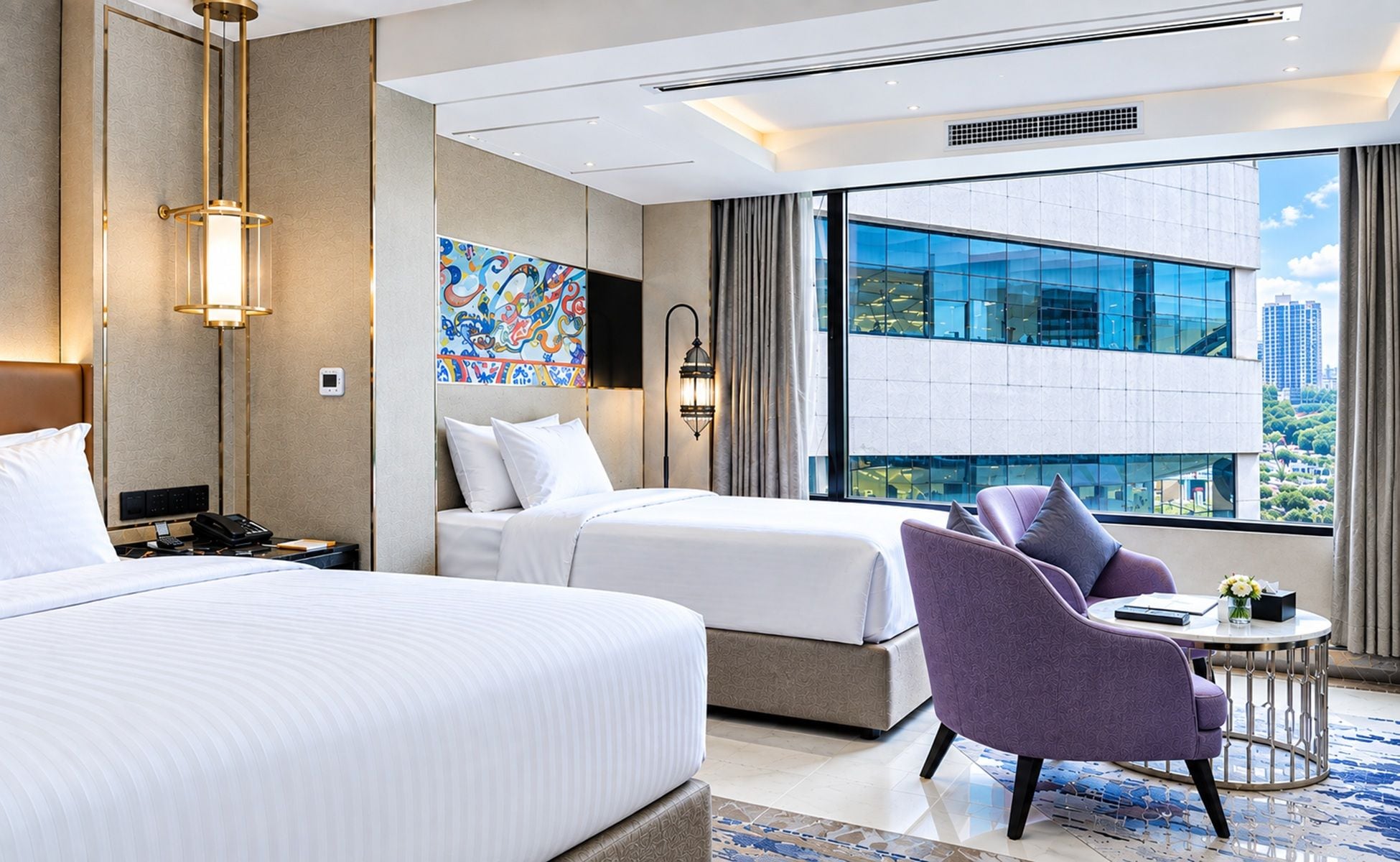 A hotel room with two beds, a desk, a chair, a large window, and a city view.