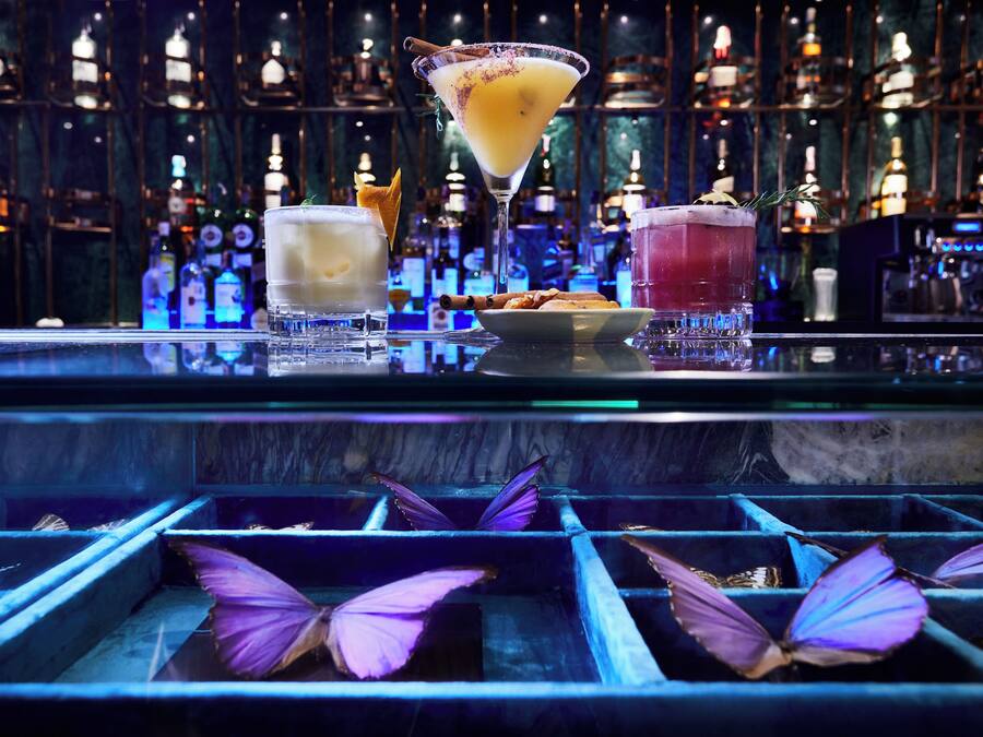 A bar with various cocktails, a plate of snacks, and butterfly decorations.