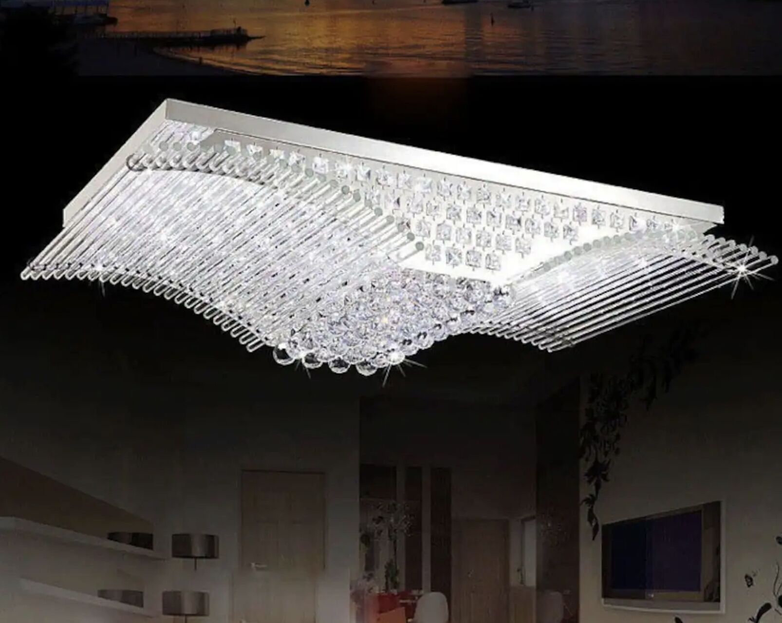 A modern chandelier with a geometric design and multiple light sources.