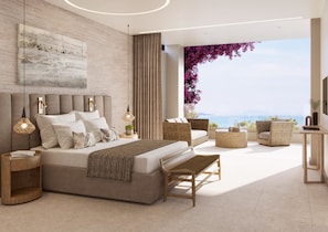 Deluxe bungalow, 1 slaapkamer, uitzicht op zee | 1 slaapkamer, een minibar, een bureau, geluiddichte muren