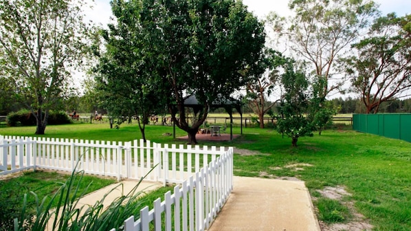 Relax in a serene setting surrounded by mature trees and a beautifully manicured lawn.