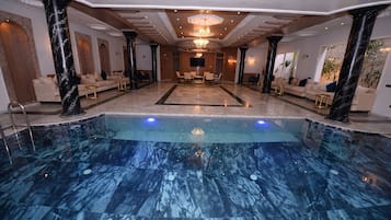 Indoor pool, outdoor pool, pool loungers